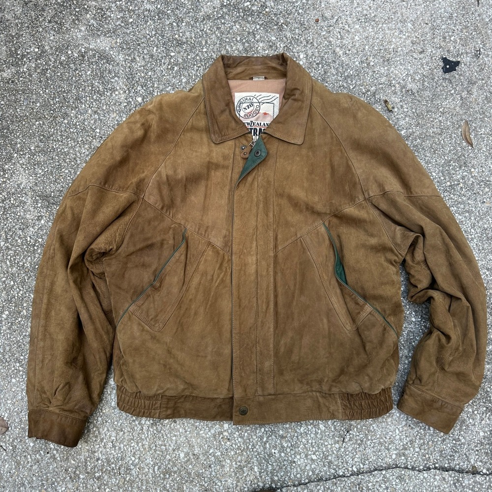 Vtg 90s New Zealand Outback Cooper Collections Brown Suede Bomber Jacket Mens XL